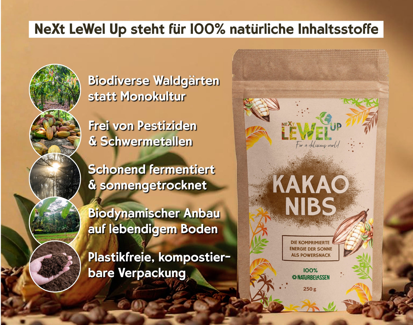 Cocoa nibs (250g) in Demeter raw food quality
